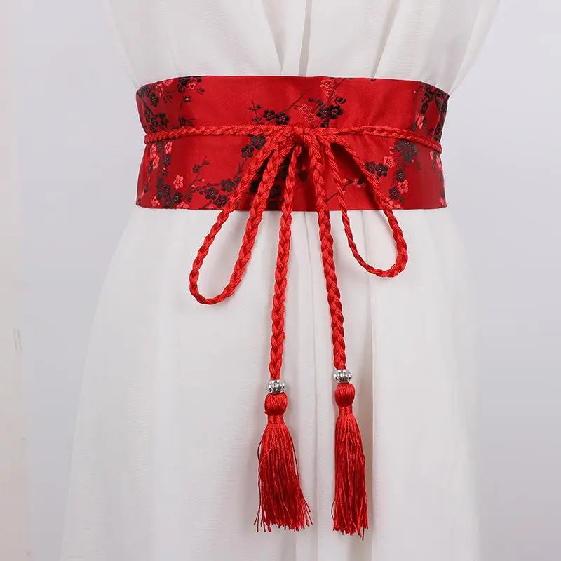 Vintage Floral Embroidered Waistband For Women Elegant Chinese Style Bow Tie Wrap Around Belt With Tassels For Dress Clothing Oasis Select A