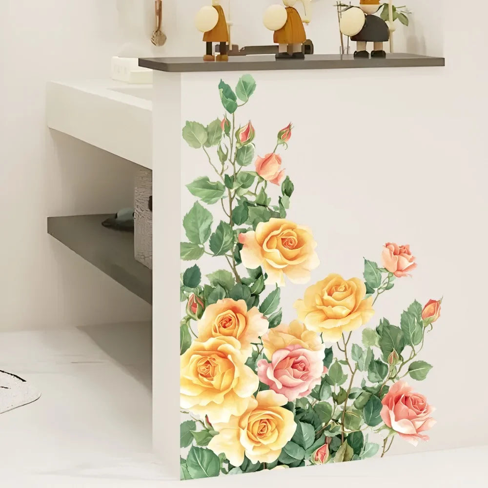 Vibrant Hand Drawn Rose Floral Self Adhesive Wall Murals Suitable for Bedroom Living Area Household Wall Background Decor Oasis Select