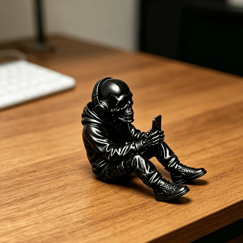 Cool Trendy Hoodie Skeleton Using Phone Ornament Figurine Skull Using Phone Edgy Desk Ornament Decor for Urban Minimalist Spaces Oasis Select