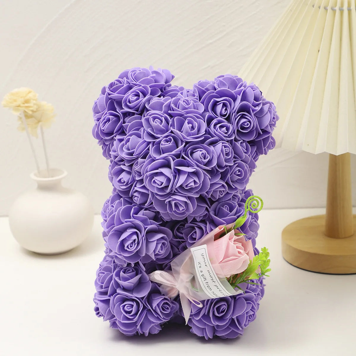 Foam rose teddy bear carry bouquet. Ideal for weddings, Mother's Day, thank you to nurses/teachers or other celebrations! Oasis Select PURPLE