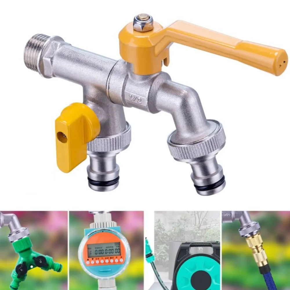 2-Way Garden Hose Faucet Adapter | Wall-Mount Brass Tap Splitter Garden Hose Splitter Oasis Select Style-C