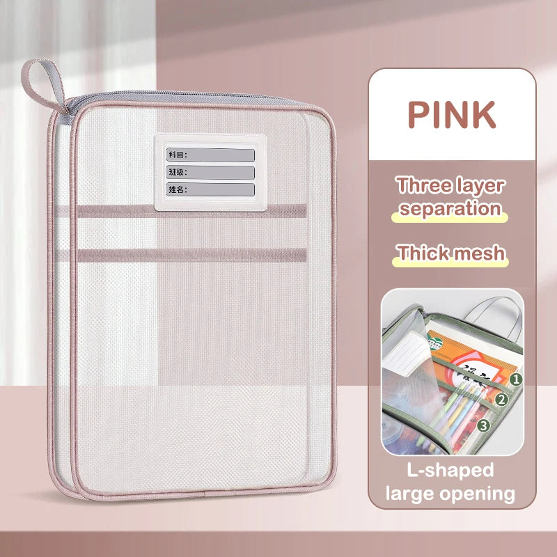 A4 Stationery Storage Bag Double-layer Mesh Zipper Bag Large Capacity Organizer Folders School Office Supplies Stationary Bag Oasis Select 33CM pink