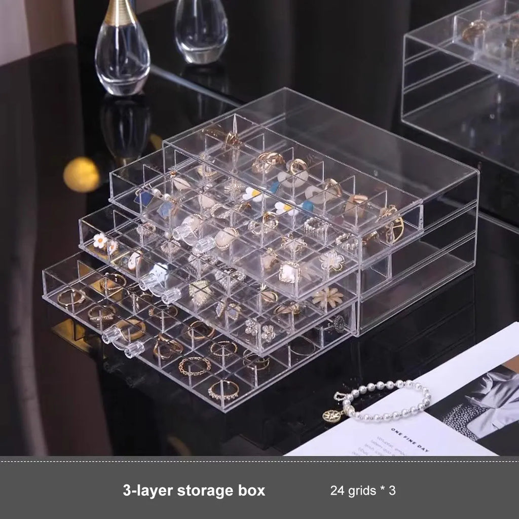 1pc Jewelry Drawer Storage Box, Transparent Display Box, Earring, Ring, Necklace Organizing Container with Compartments Oasis Select 3 layers - 72 grids