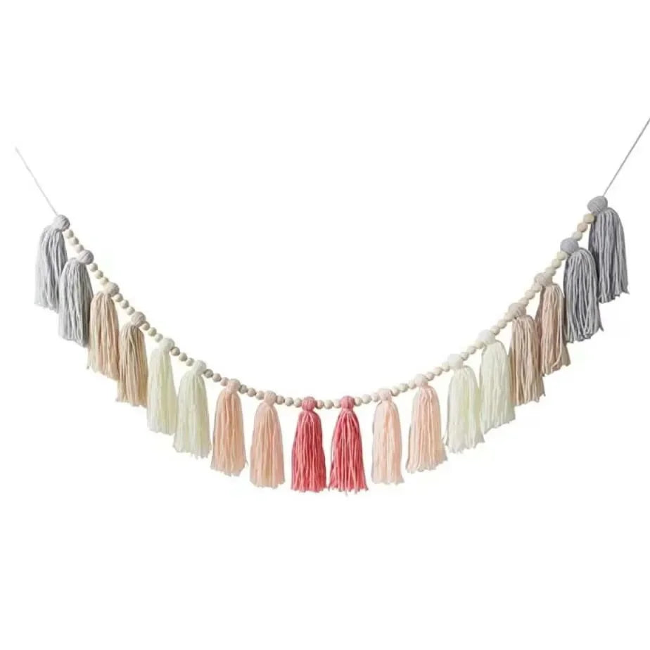 Rainbow Tassel Garland Colorful Pom Garland Wood Bead Easter Spring Girls Bedroom Wall Party Birthday Baby Shower Decor Oasis Select 01