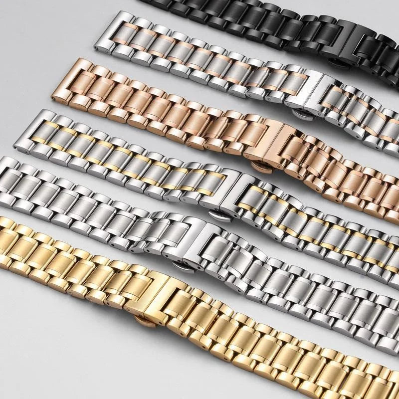New Stainless Steel Five Bead Watch Strap 18mm 20mm 22mm Double Press Butterfly Buckle Straps Universal Watchband For Huawei GT4 Oasis Select