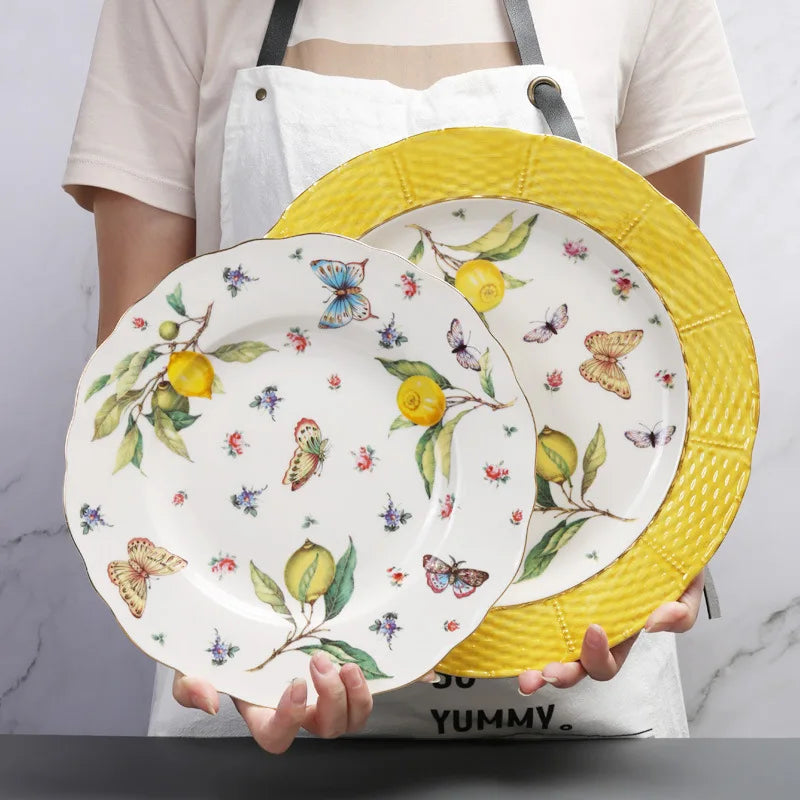 European Lemon Pattern Ceramic Dinner Steak Plate Bowl Fruit Candy Dim Sum Western Cuisine Plate Dishes Home Breakfast Plate Oasis Select
