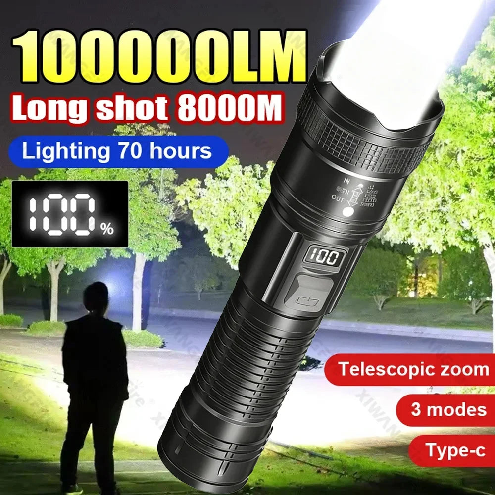 Super Bright LED Flashlight with Battery Display Rechargeable Light Telescopic Zoom Torch Lamp Outdoor Camping Fishing Lantern Oasis Select