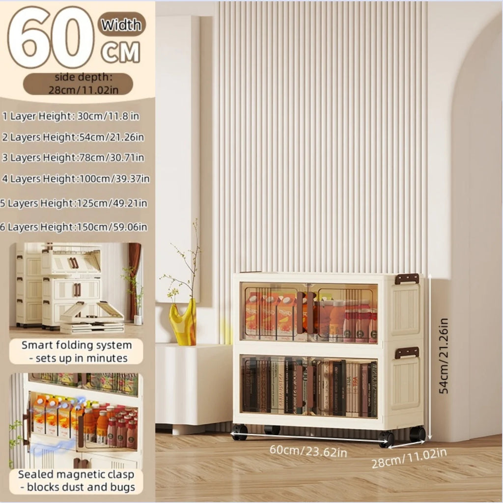Foldable storage cabinet - movable multi-level double-door storage cabinet - living room and kitchen transparent storage box Oasis Select 2 Tier Gray