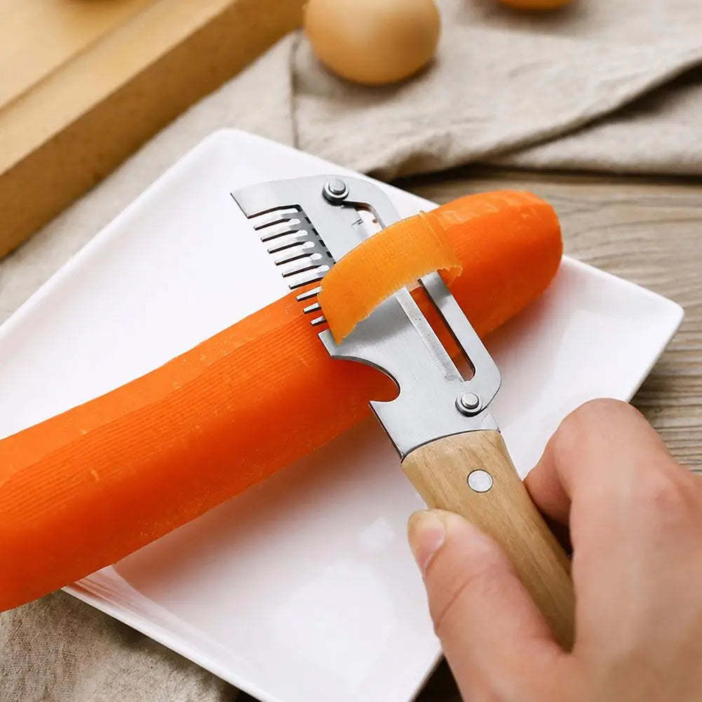 3-in-1 Multifunction Kitchen Peeler, Wooden Handle Stainless Steel Serrated Knife, Vegetable Fruit Peeler Shredder Bottle Opener Oasis Select