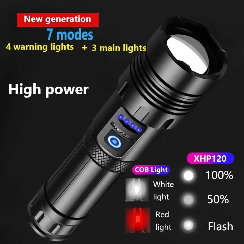 Powerful LED Flashlight XHP120 Rechargeable Portable Tactical Torch Super Bright Camping Outdoor Search and Adventure Flash Lamp Oasis Select