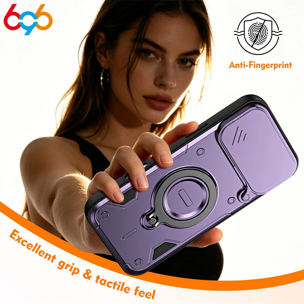 360° Rotating Magnetic Stand Armored Shockproof‌ Phone Case For IPhone 17 Pro Max 16 Slider Lens Skin Feel Slim Cover Man Lady Oasis Select