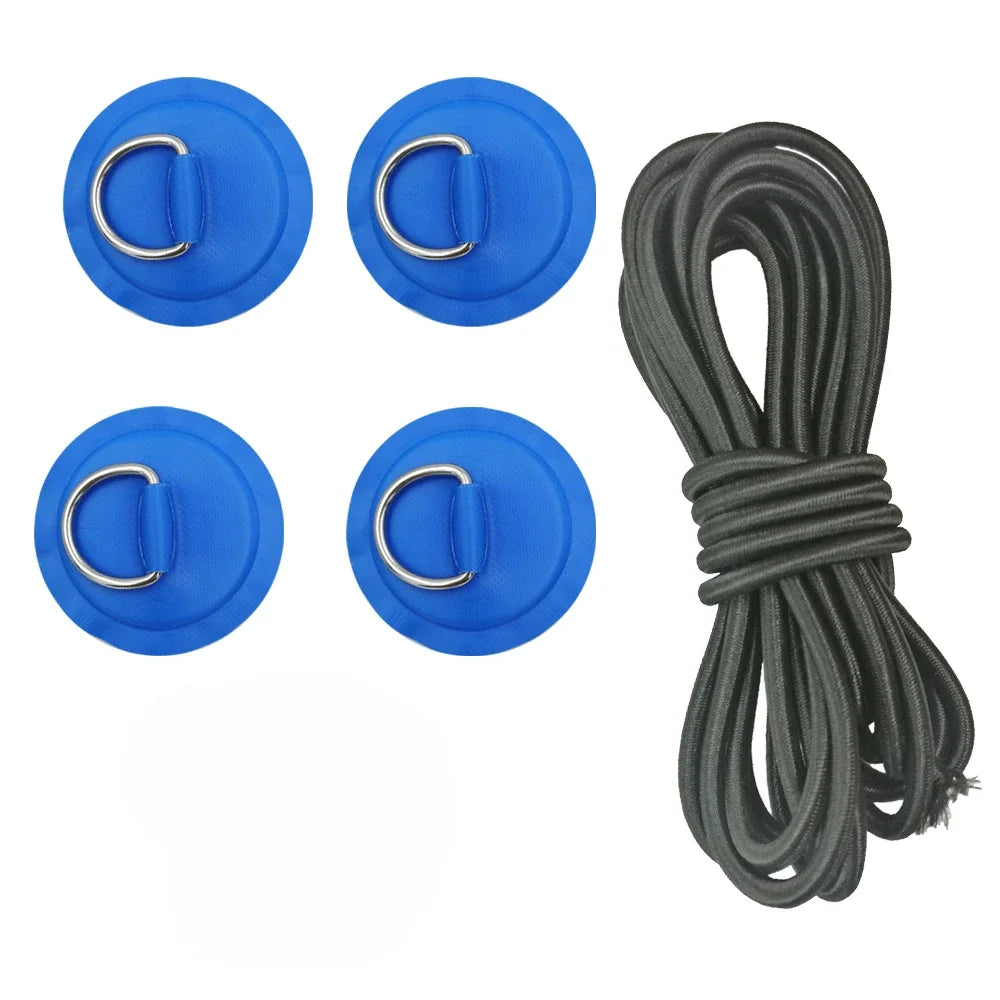 Surfboard Dinghy Boat PVC Patch With Stainless Steel D Ring Deck Rigging Sup Round Ring Pad 5M Elastic Bungee Rope Kit Oasis Select 4Blue Pad 3m rope