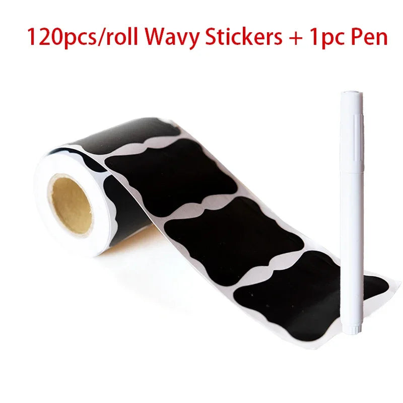 Black Waterproof Reusable Label Stickers With White Chalk For Mason Jars, Craft Room, Storage Spaces, Glass Bottles,Organization Oasis Select 120 Wave and 1 pen