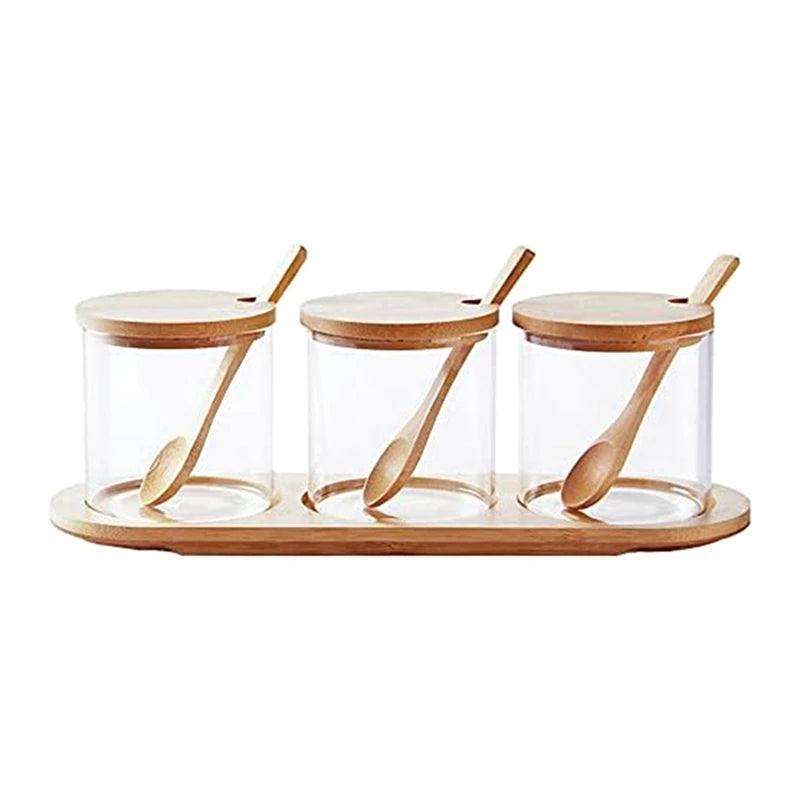 WISH Bamboo Condiment Container With Lid And Spoon-Condiment Box Set, Used To Store Condiments, Salt And Sugar. Oasis Select As Shown NONE