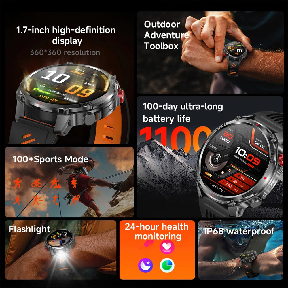 Smart Watches Waterproof Men BT Call Compass LED Flashlight Outdoor Smartwatch Health 100+ Sports Fitness 1100mAh Large Battery Oasis Select