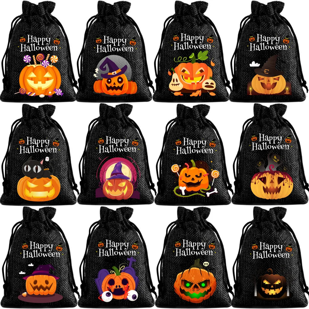 StoBag 12pcs Wholesale Halloween Linen Bag Gift Candy Packaging Drawstring Small Storage Kids Child Pouches Trick or Treat Party Oasis Select D-12PCS other