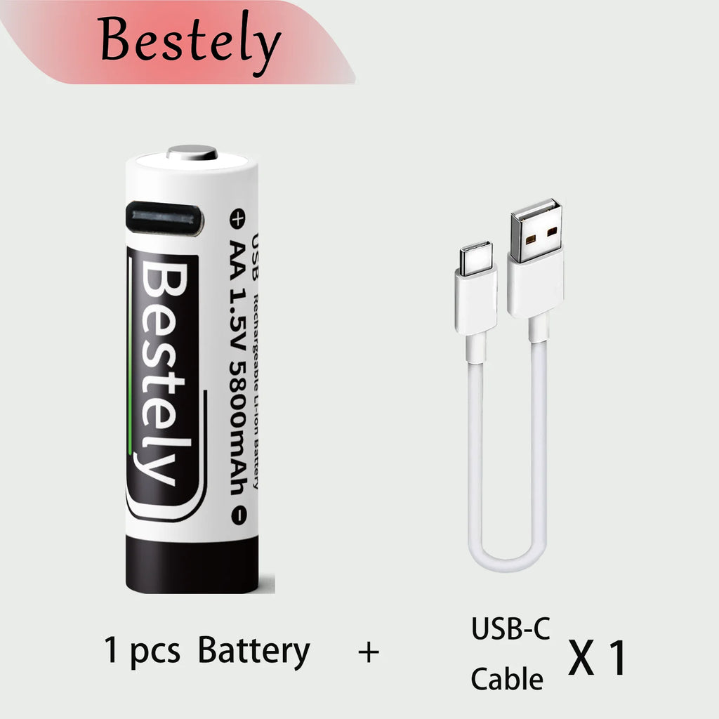 Bestely USB 1.5V AA 5800mAh Lithium ion Rechargeable Battery, AA Fast Charging Li-ion Akku , 2000 Cycle with USB- C Port Cables Oasis Select 1 pcs battery