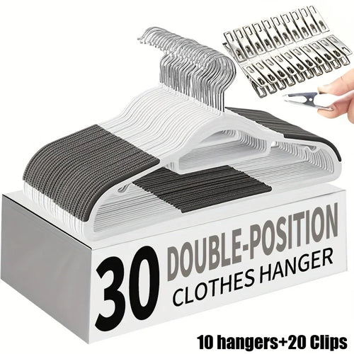 30pcs（10 hangers+20 clips） Anti Slip Hangers Set - Heavy Duty Velvet Clothing Hangers for Wardrobe, Multiple Colors Oasis Select