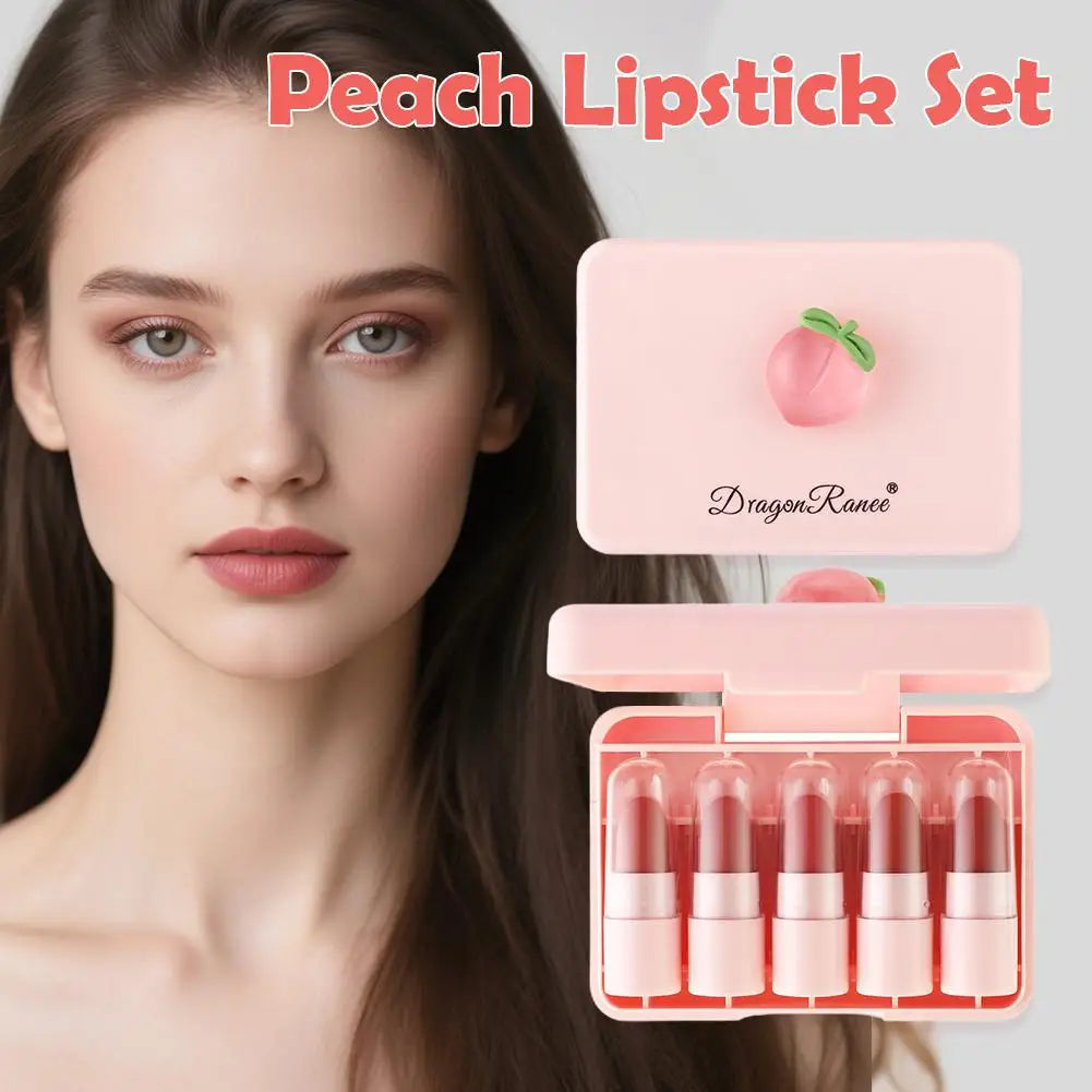 5Pcs Peach Lipstick Lip Tint Set Cute Matte Lipsticks Waterproof Long-lasting Non Stick Cup Mini Lip Gloss Lipstick Makeup Gift Oasis Select