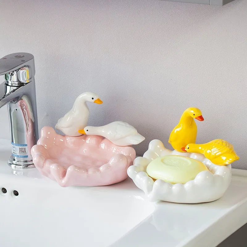 1pc Cute Duck Ceramic Soap Dish Decorative Soap Holder Craft Ornament Bathroom Counter Washroom Daily Storage Decor Accessory Oasis Select