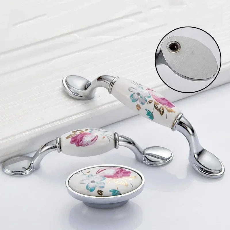 Tulip Ceramic Door Handle Silver Drawer Pulls Vintage Flower Cupboard Kitchen Cabinet Handles and Knobs Furniture Hardware Oasis Select