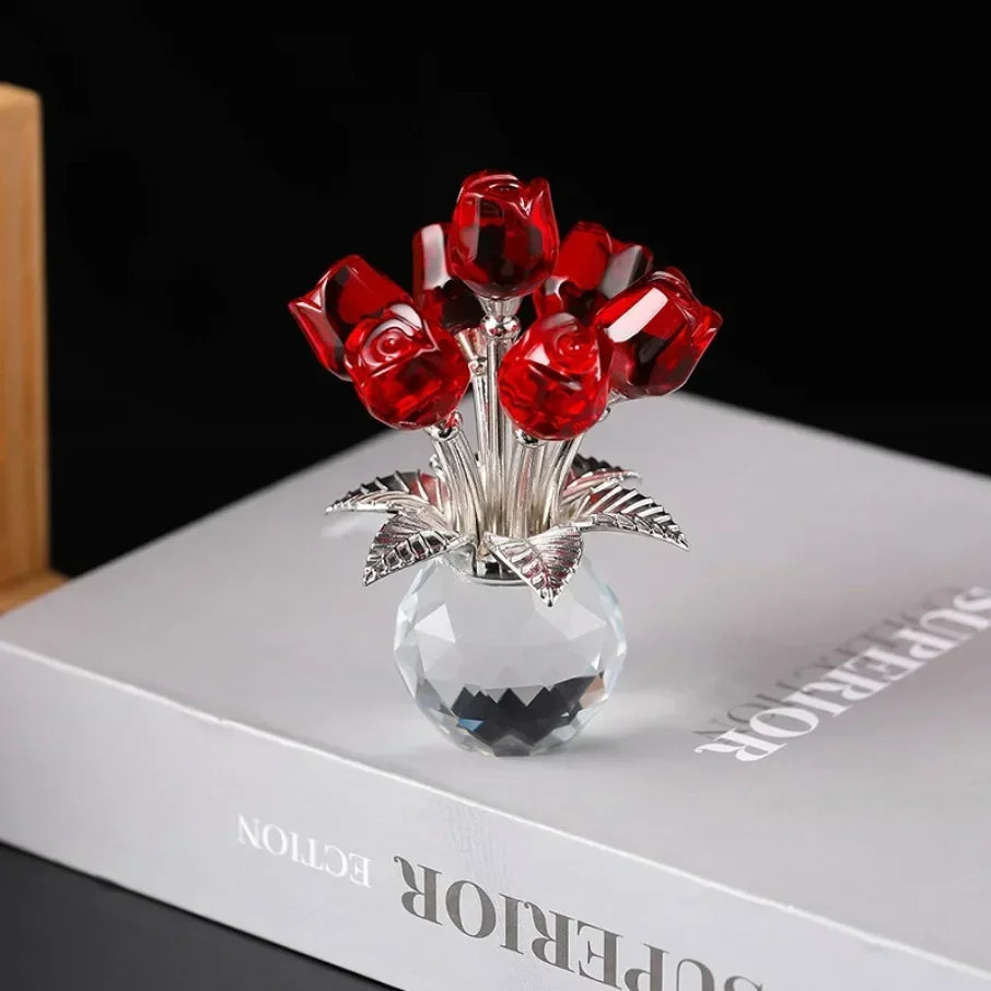 Crystal Red Rose Bouquet with Round Vase Figurines Gifts for Women Glass Bouquet Ornament Romantic Gifts Table Centerpiece Oasis Select