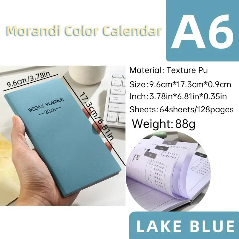 1pc A6 Size 2026 Daily Planner, Morandi Color Leather Calendar, 64 Sheets 128 Page Thin Weekly Calendar Book Oasis Select A1