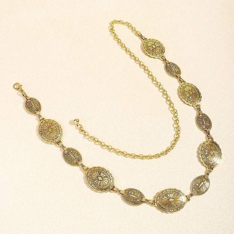 Retro style women's metal waist chain accessories Decorative circle carved chain belt high style accessories Oasis Select