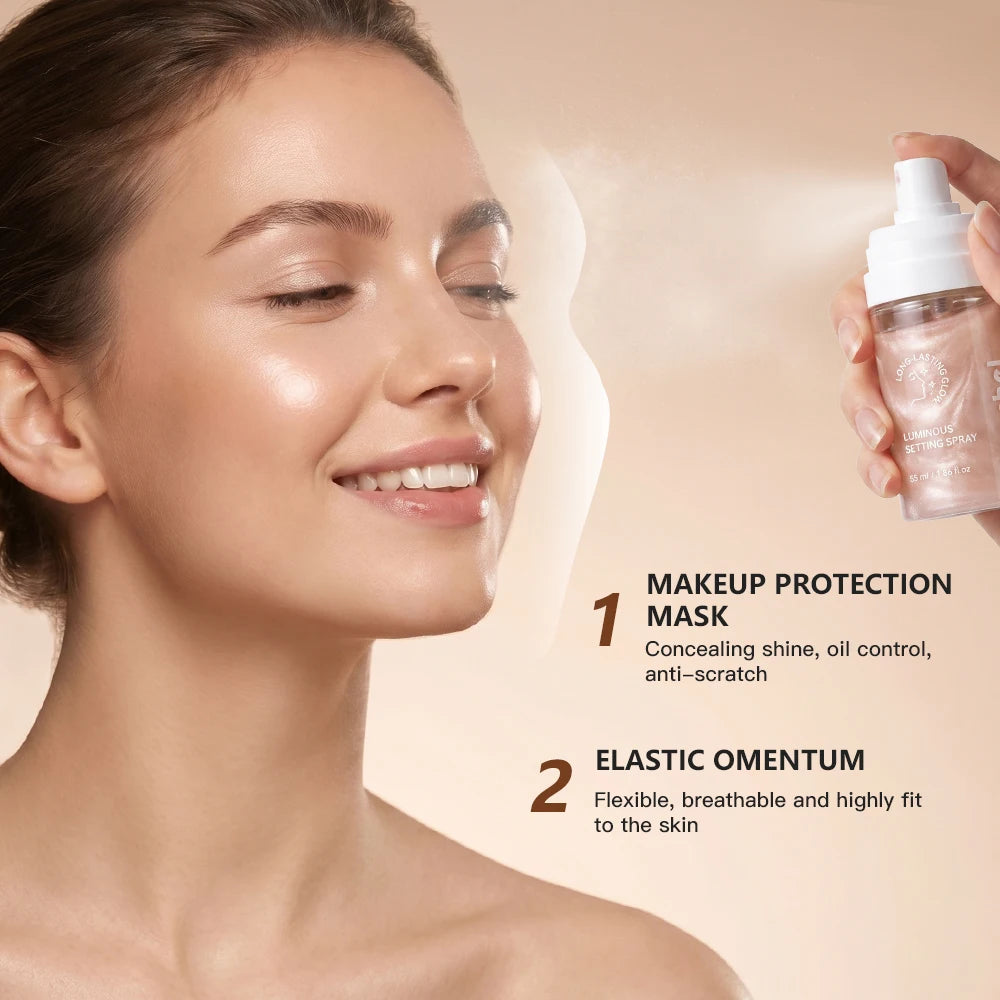 Luminous Shimmery Champagne Pink Setting Spray Liquid Long Lasting Waterproof Smudge Resistant Dewy Radiant Glow Multi‑use Face Oasis Select