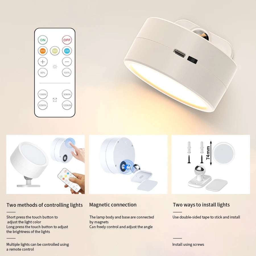 Rechargeable Wireless Magnetic LED Wall Lamp – 360° + Remote LED Wall Sconce Oasis Select