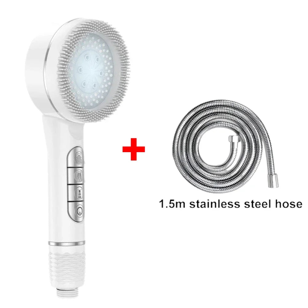 4 Modes Self-cleaning Shower Head with Silicone Brush One-Key Stop Water Massage High Pressure ABS Showerhead with Filter Oasis Select White Hose Set