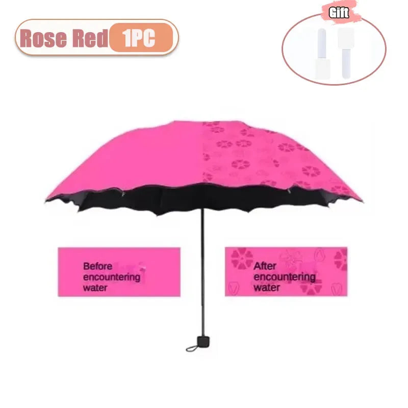 Portable Creative Water Flowering Umbrella Manual Black Coating UV Protection Sun Rain Dual Use Folding Parasol Oasis Select metal-fiber composite 8K Rose Red-1PC