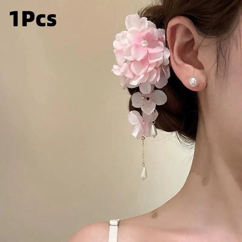 Fabric Flower Tassel Pearl Hair Clips – Women & Girls