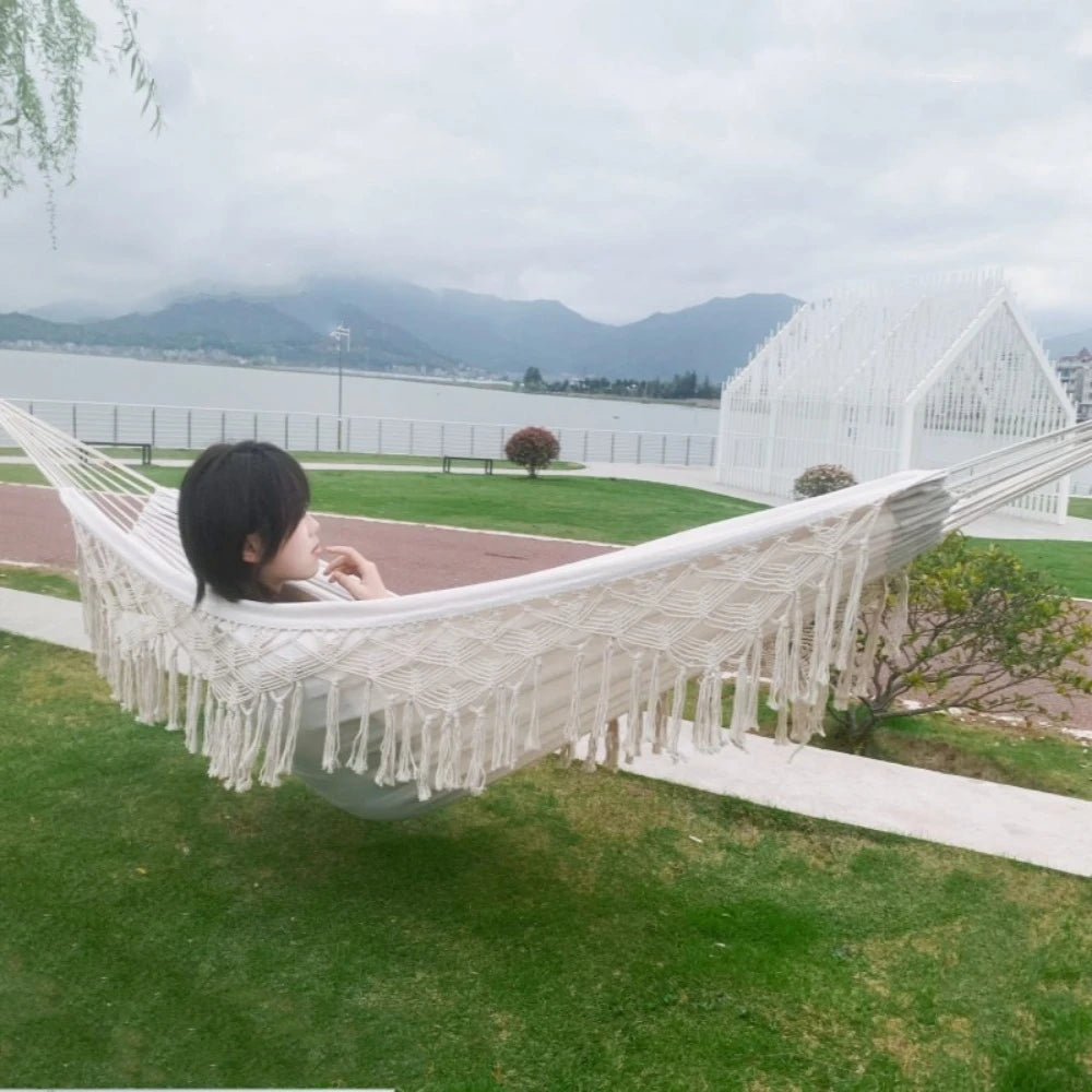 Large Double Deluxe Hammock Boho Style with Woven Tassels 2 Person Hammock Thickened Hanging Bed Canvas Swing Chair Bedroom Oasis Select
