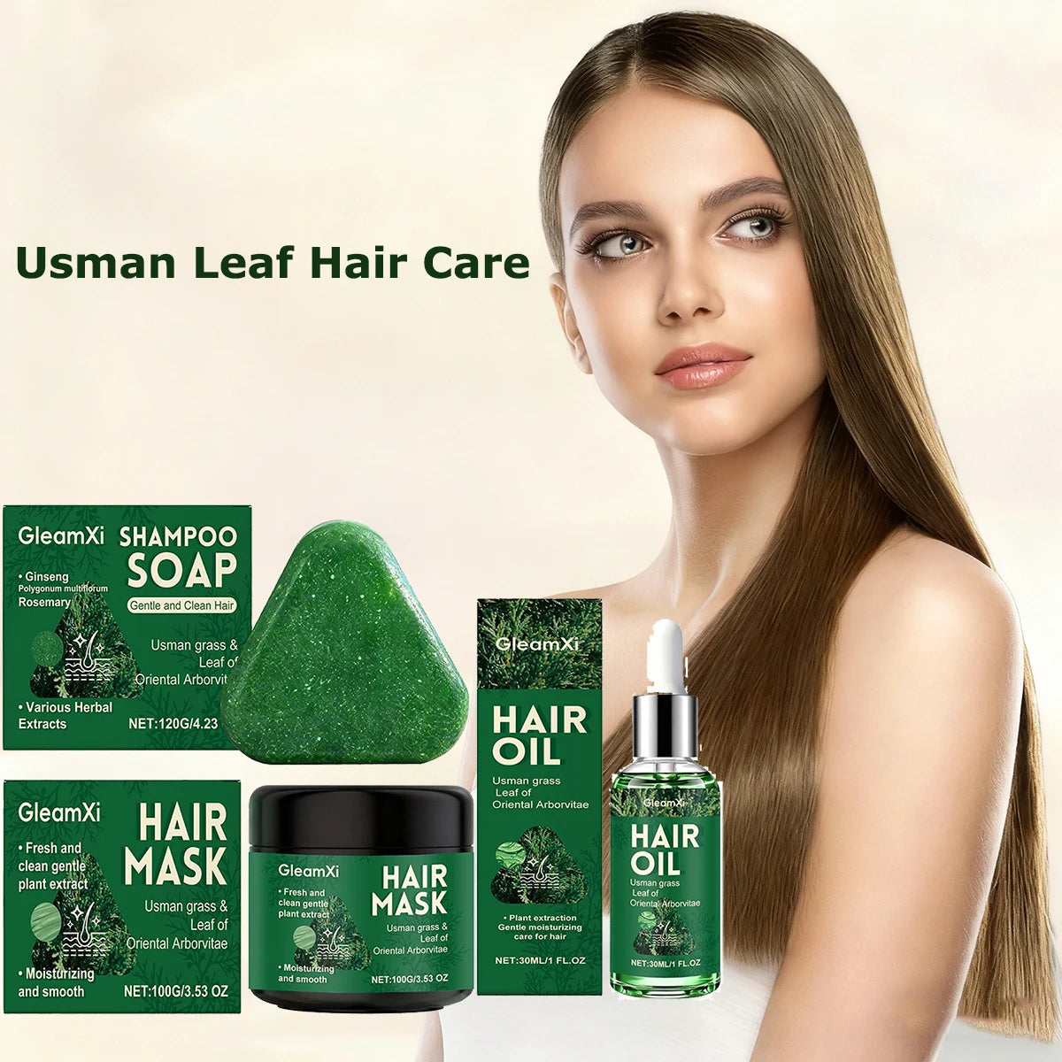 Natural Usman Shampoo Bar + Hair Mask+Hair Oil Set, Usma Grass Soap for Women&Men Gray Hair Reverse, Hair Thickening & Darkening Oasis Select
