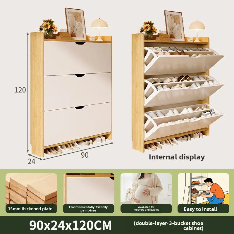Solid wood shoe cabinet large-capacity multi-layer storage integrated of the home small narrow tipping bucket shoe Oasis Select Double layer 90