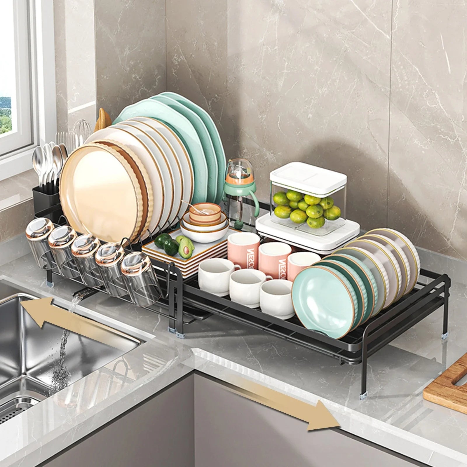 Kitchen Dish Drain Rack Multifunctional Tableware Storage Basket Cup Holder Sink Retractable Dish Storage Rack Oasis Select