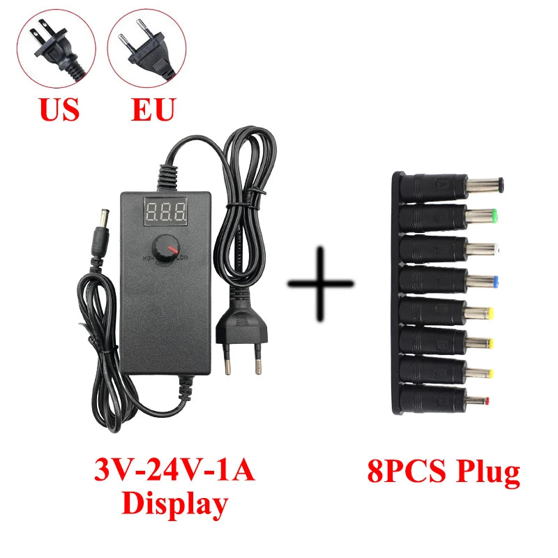 Transfotrmer AC 220V TO DC 12V 24V 5V Adjustable Power Supply Adapter DC 3V-24V Transformers AC 220 V To 12 24 V With 8PCS Plug Oasis Select 1A Display With 8PCS EU Plug