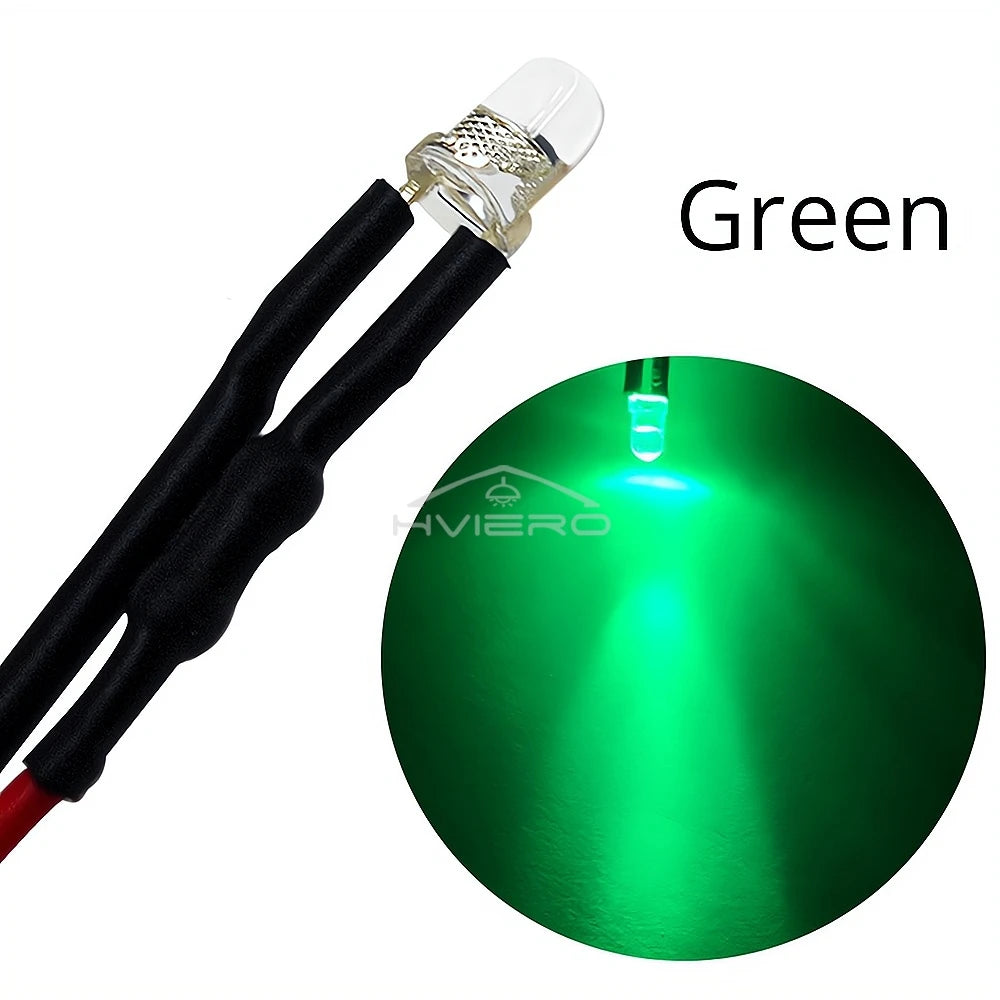 10-Pack 3mm Pre-Wired LED Bulbs DC 12V Water Clear Round Top