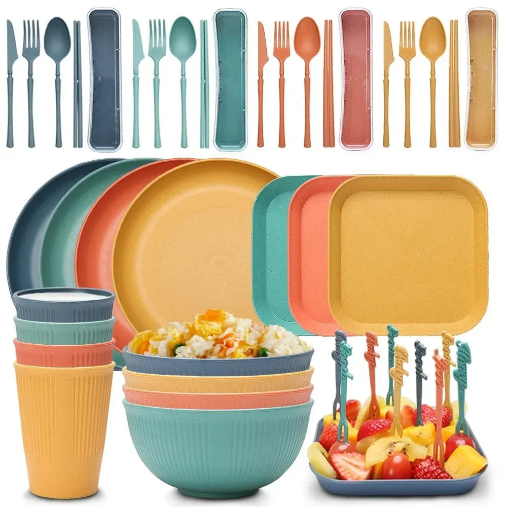 48-Piece Wheat Straw Eco-Friendly Dinnerware Set for 4 | Camping Eco Dinnerware Set Oasis Select