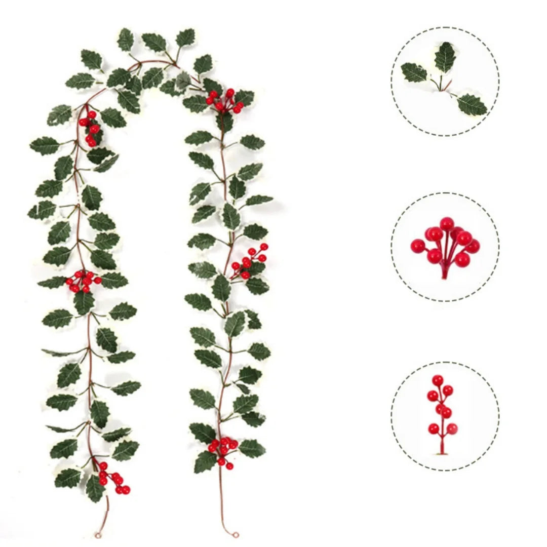 2M Christmas Garland String Light Artificial Red Berry Holly Leaves DIY Rattan Wreath For Xmas New Year Holiday Home Decoration Oasis Select Style 1