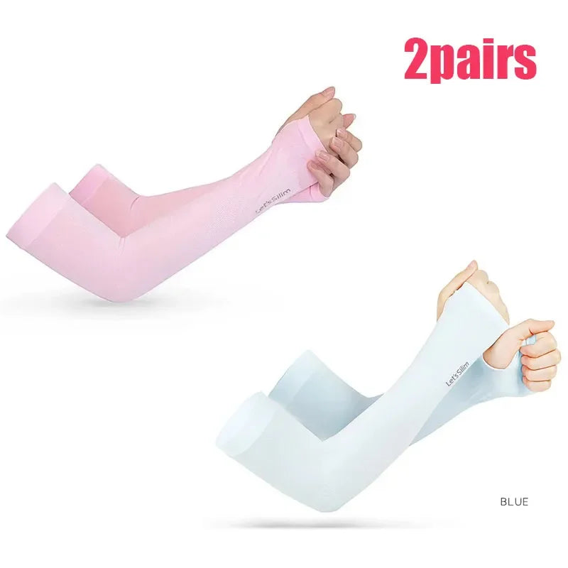 Summer Ice Silk Long Sleeves Anti-Sunburn Arm Cover Men Women Cuff New Cool Hand Sleeves Anti-UV Cycling Arm Sleeve Fingerless Oasis Select pink-blue B