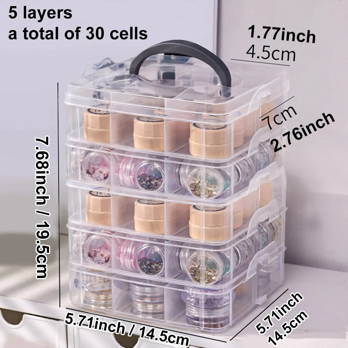 Stackable covered storage containers, jewelry, accessories, toys, sewing supplies, tape storage boxes, snap on tray containers Oasis Select 5 layers-transparent