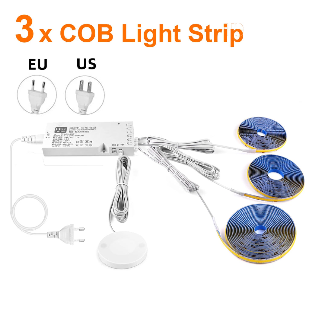 12V Dimmable COB LED Strip Light with Touch Sensor for Under Cabinet Display Bookcase Wardrobe Closet - Penetrable Wood Design Oasis Select 3PCS COB Strip WHITE 5m|USA Power Plug