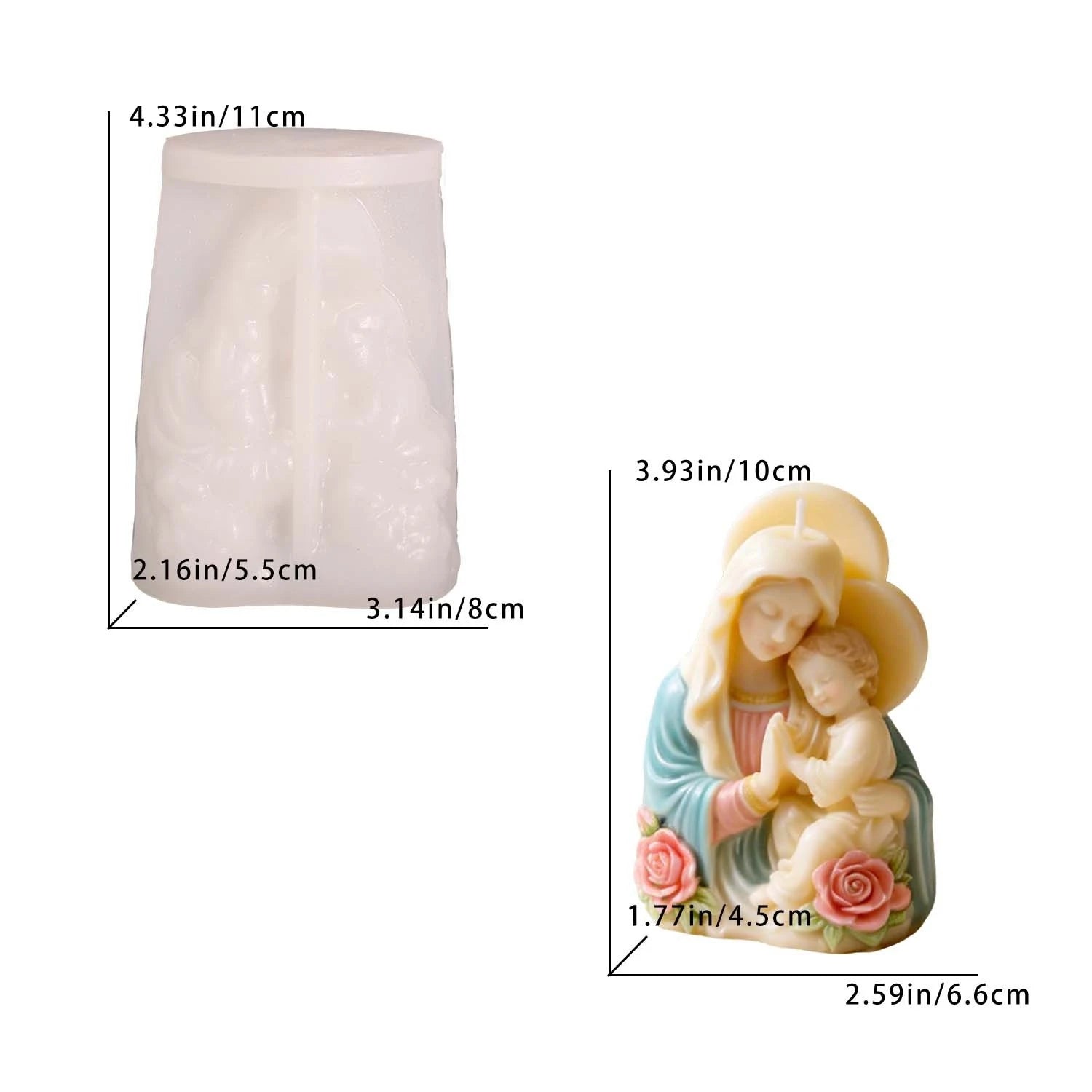Virgin Mary Baby Jesus Silicone Mold 3D Religious Candle Soap Resin Mold Rose Accents Sacred Heart Easter Christmas Home Decor Oasis Select White