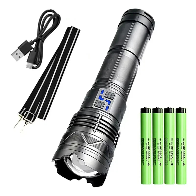 Powerful LED Flashlight Super Bright Spotlight Long Range Zoomable Emergency Lantern Outdoor Camping Torch Power Display Oasis Select B with battery