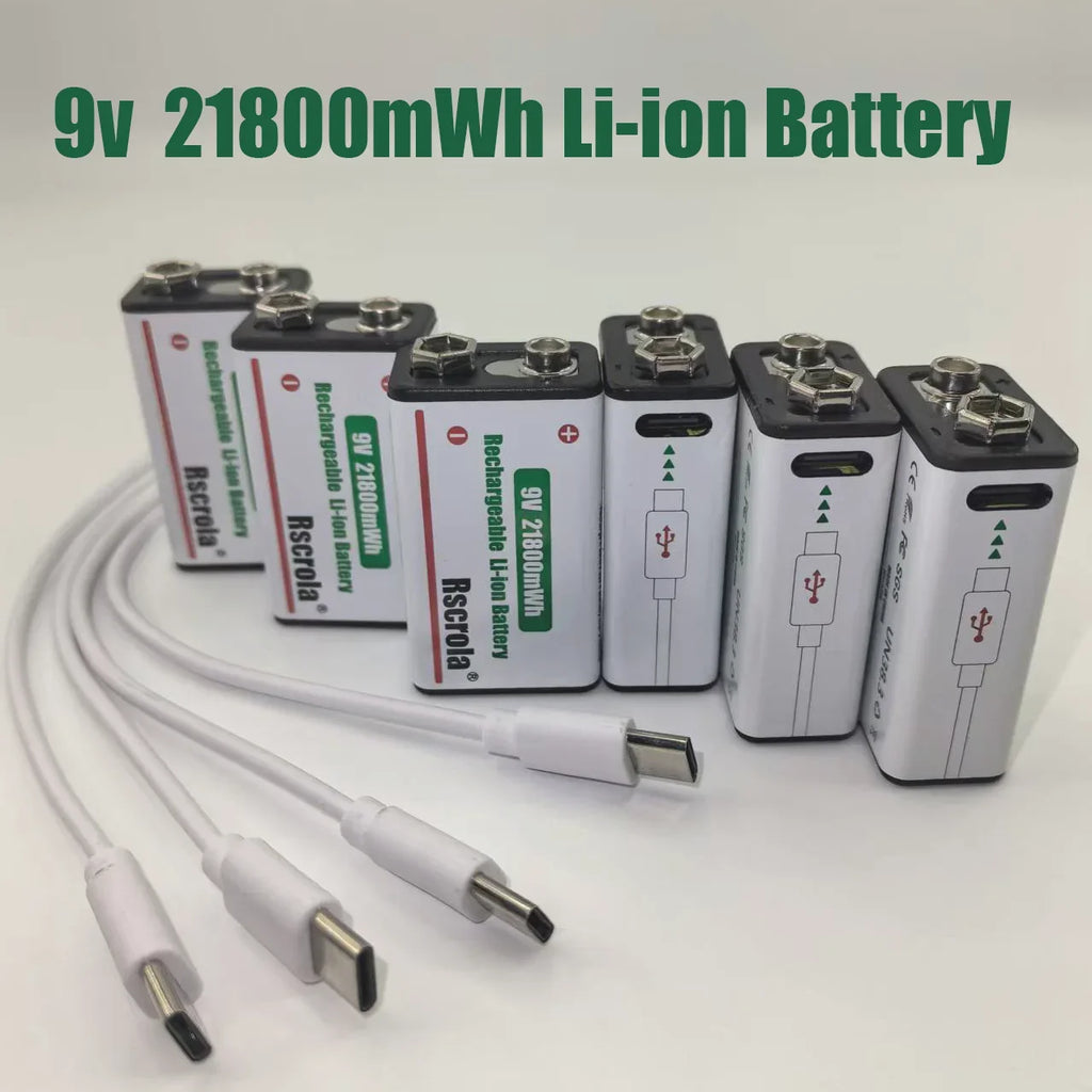 21800mWh High Capacity Rechargeable 9V Lithium ion Battery with USB-C for Guitar Microphone Smoke Detector Pedal with Cable Oasis Select