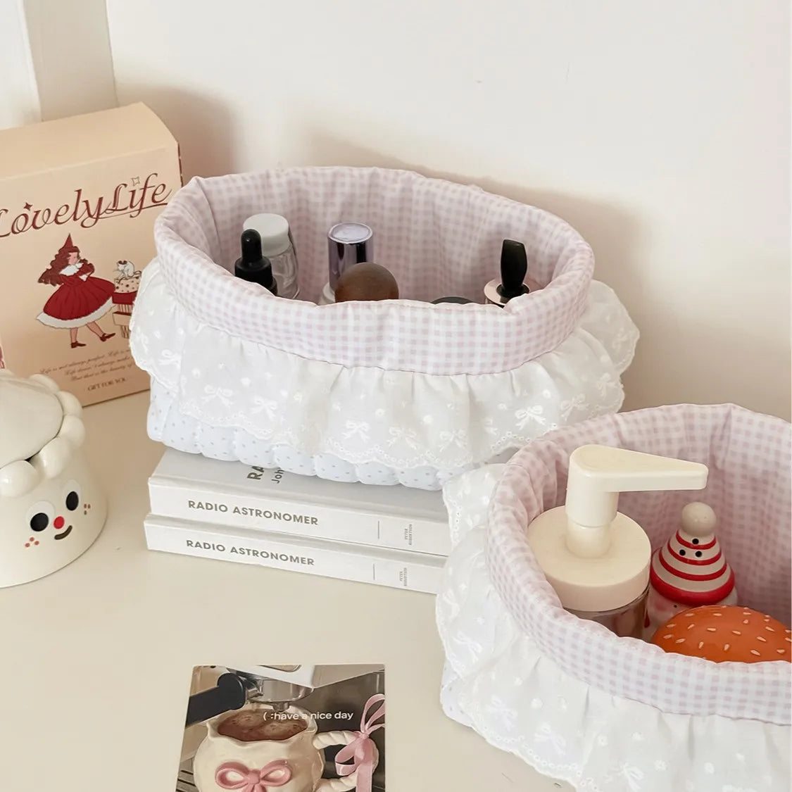 Polka Dot Ruffled Storage Foldable Quilting Cotton Cloth Storage Basket Oval Lace Storage Box Pink Dots Desktop Storage Basket Oasis Select