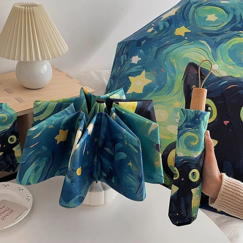 Cartoon Cat Green Folding Umbrella Professional Sun Protection And UV Protection Umbrella Dual use of Rain and Sunny Automatic Oasis Select