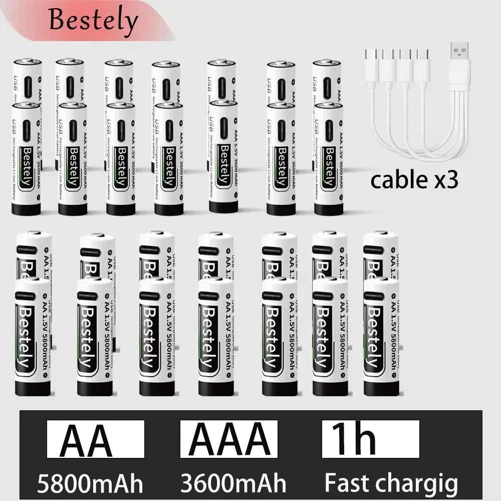 AA AAA Battery 1.5V 5800mAh and 3600mAh Lithium Rechargeable Batteries Fast Charging Li-ion Battery 2000 Cycles Type-C Cable Oasis Select 14AA 14AAA